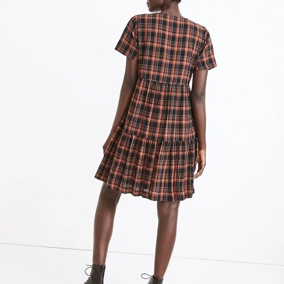 Madewell Plaid Faux-Wrap Short-Sleeve Tiered Mini Dress - Picture 2 of 8